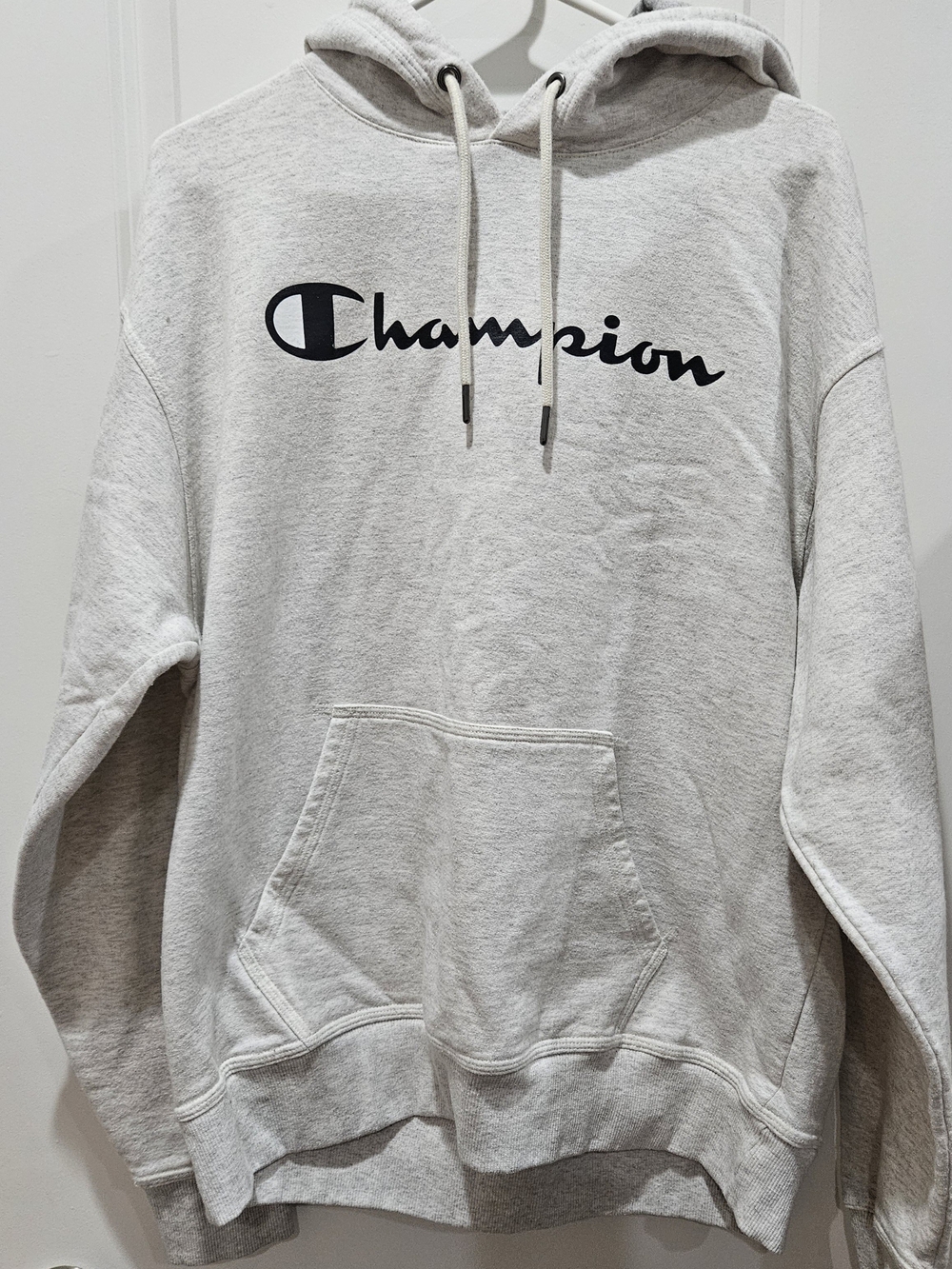 Champion Heather Gray Hoodie with Black Script Logo